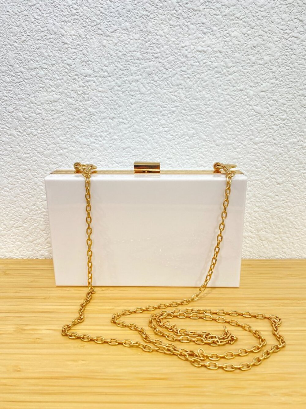 White Acrylic Box Clutch | Gold Chain Crossbody Evening Bag-Minimalist 90s Style - Picture 4 of 8